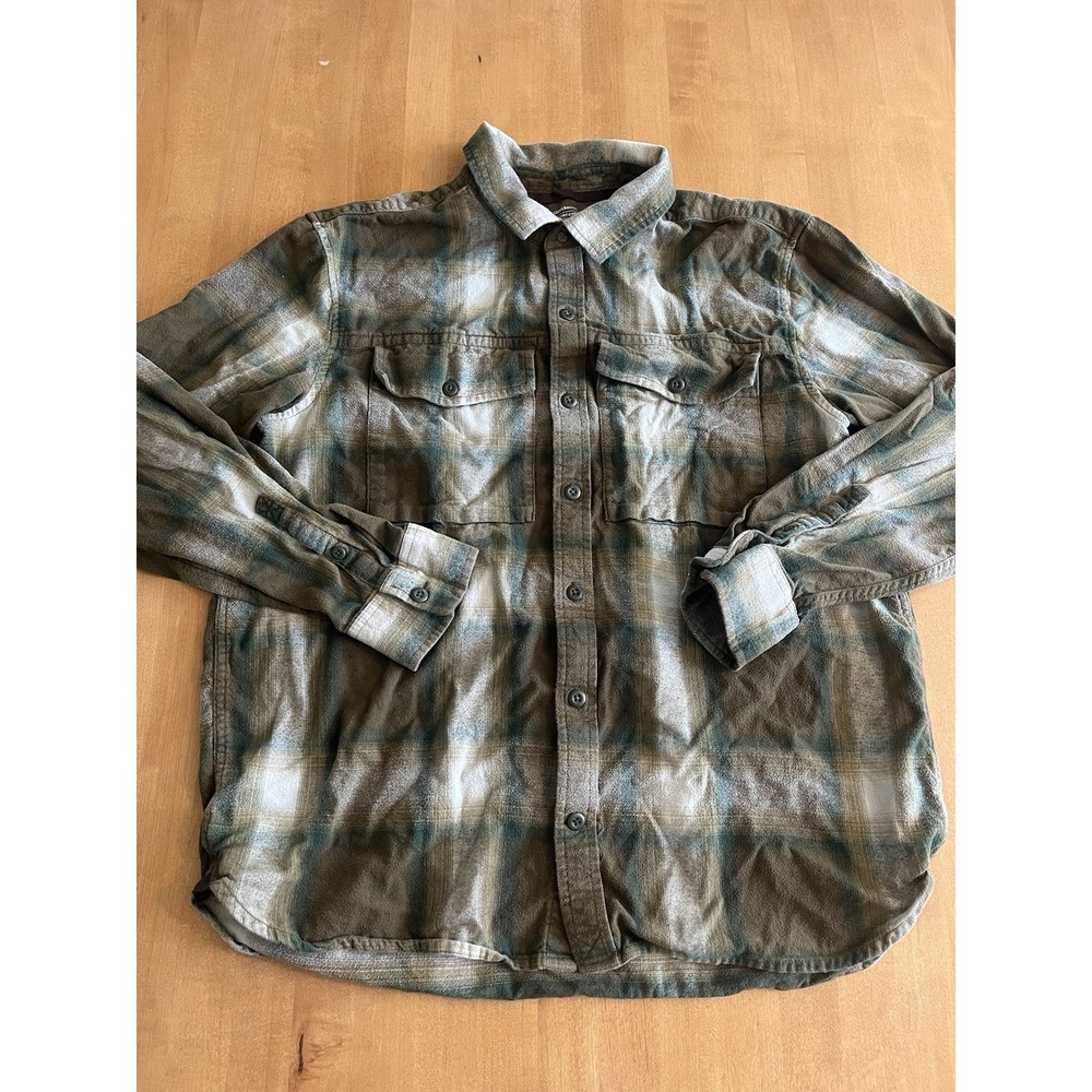 REI Co-op Mens Flannel Shirt Sz Large Olive Green Brown Plaid Cotton Button Down